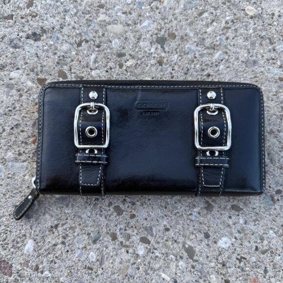 Vintage Coach Y2K Double Buckle Black Leather Wallet – Large  Zip-Around - Picture 3 of 6